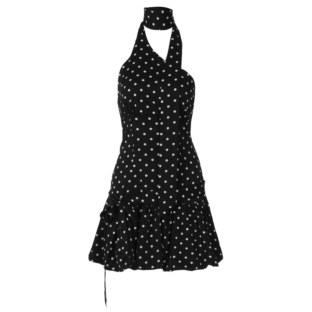 Polka Dot Sleeveless Ribbon Back Fitted Waist Dress