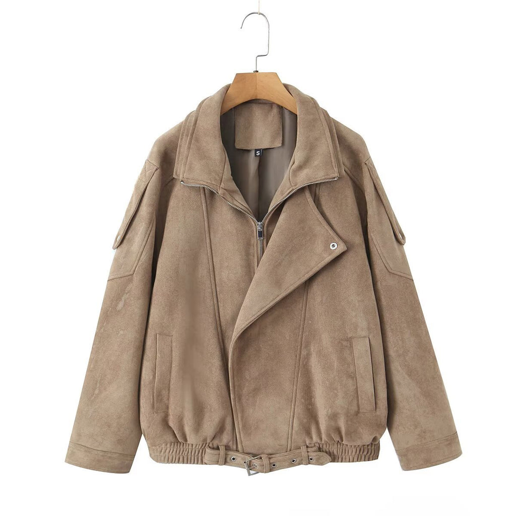 Casual Maillard Long Sleeve Suede Zipper Lapel Oversized Motorcycle Jacket for Women