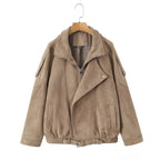 Casual Maillard Long Sleeve Suede Zipper Lapel Oversized Motorcycle Jacket for Women
