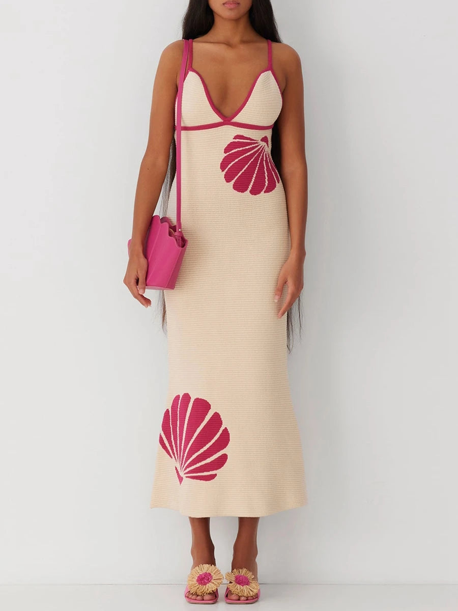 Women's Long Knit Cami Dress Summer Sleeveless Open Back V Neck Shell Print Dresses 90s Clothes Vintage Elegant Slim Long Dress