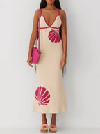 Women's Long Knit Cami Dress Summer Sleeveless Open Back V Neck Shell Print Dresses 90s Clothes Vintage Elegant Slim Long Dress