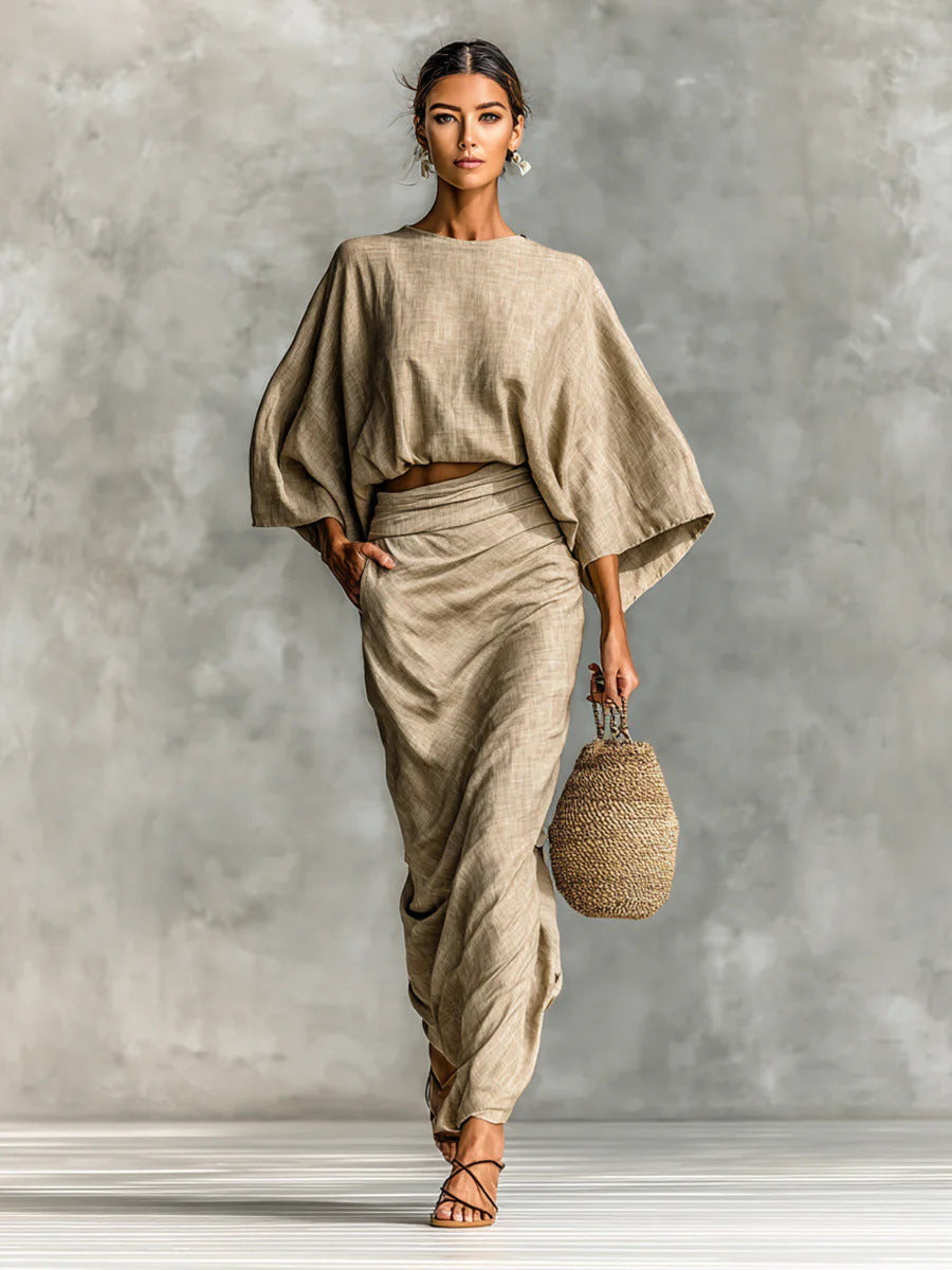 Casual Cotton Linen Women's Outfit Set Autumn Winter Batwing Sleeve Top with Pockets and Back Slit Long Dress