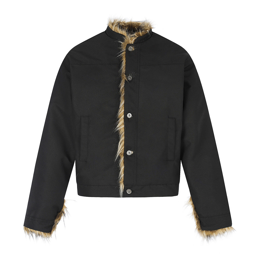 Men's  Casual Padded Jacket Button Closure Fur Trim Stand Collar Loose Fit Short Coat