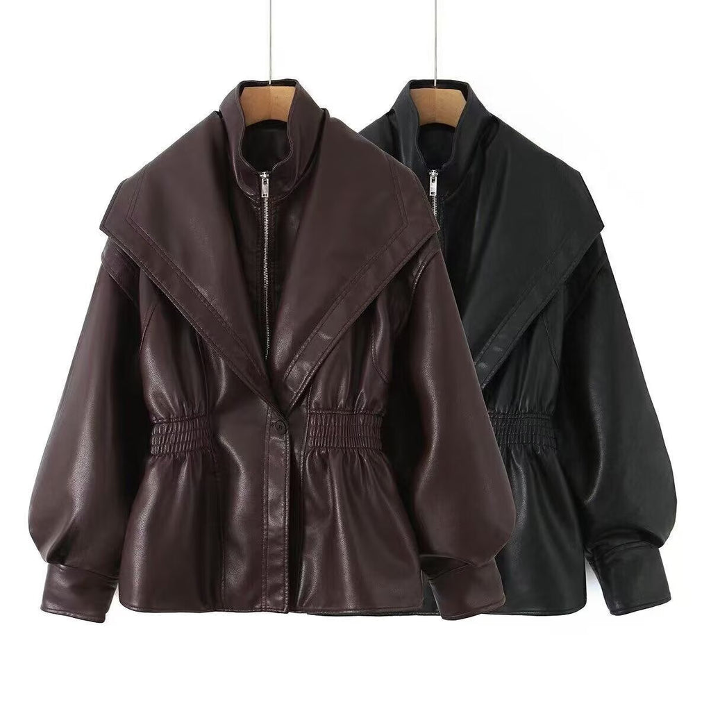 Edgy PU Leather Zipper Lapel Collar Fitted Jacket