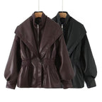 Edgy PU Leather Zipper Lapel Collar Fitted Jacket