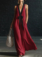 V-neck Strapless Sleeveless Resort-Style Long Simple Elegant Dress