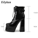 New super high heel square head large women's leather boots with strap and thick heel short boots double waterproof platform boots