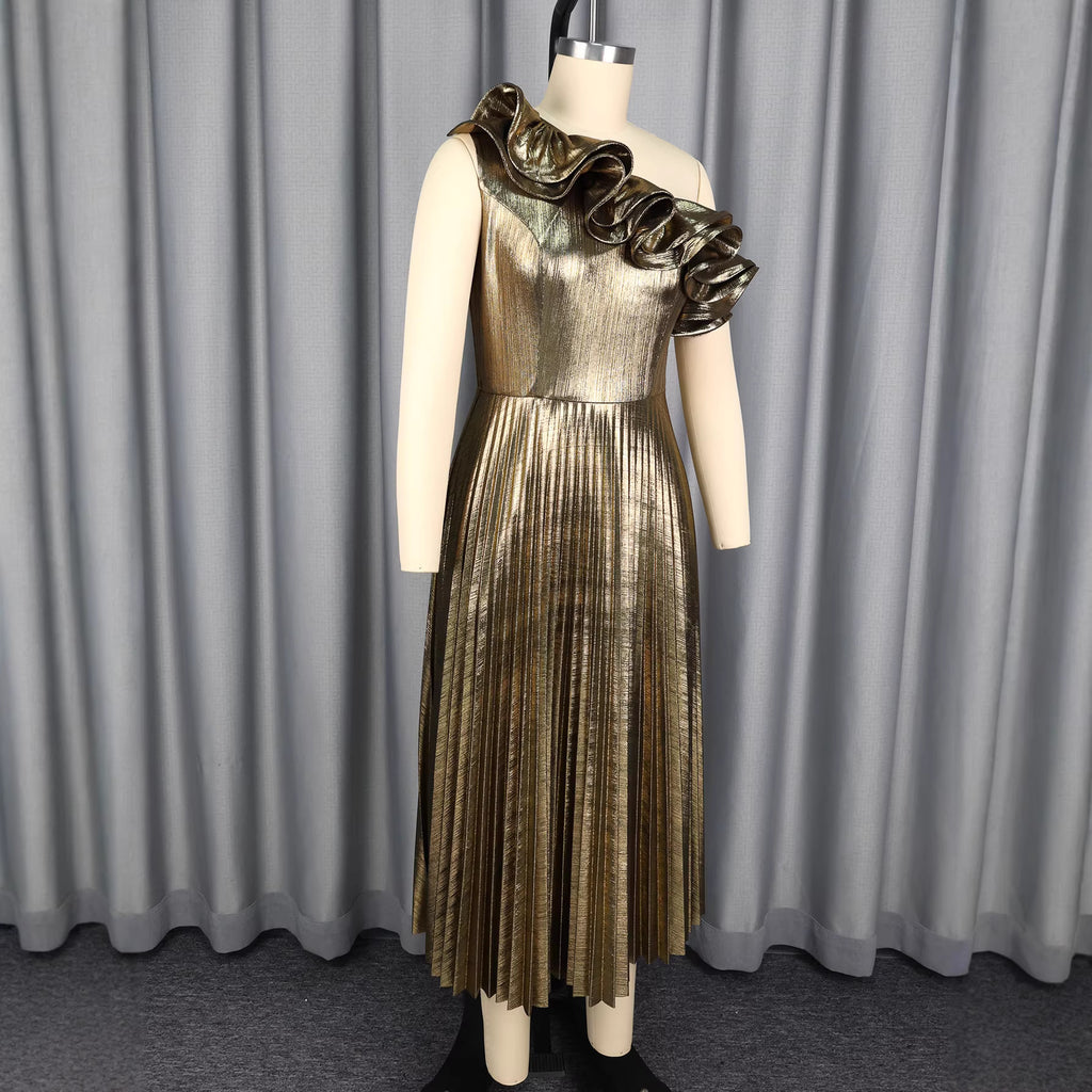 Slanted collar shiny dress