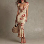 Vintage Printed Fitted Dress Elegant Slim Fit Bodycon Long Dress Evening Gown