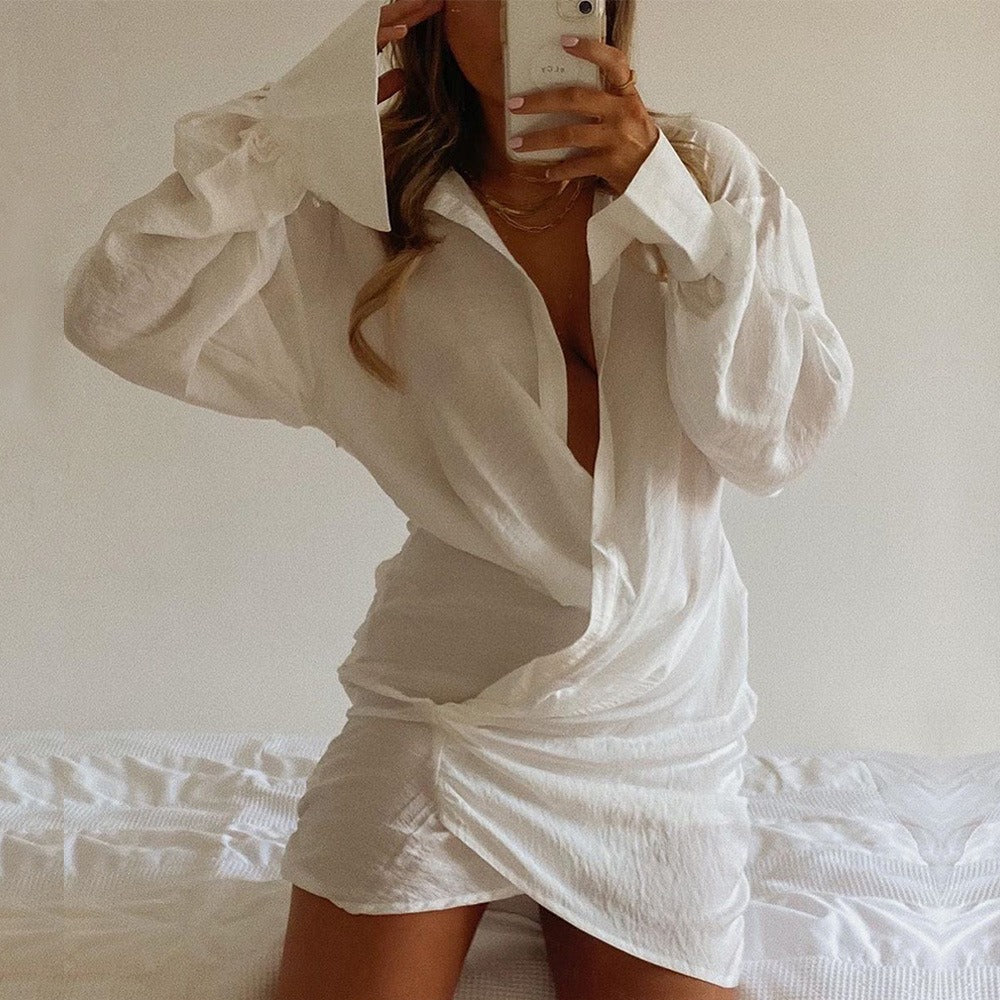 Long Sleeve White Shirt Deep V Linen Dress