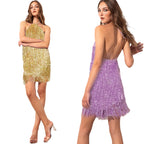 Strappy Back Fringe Evening Dress