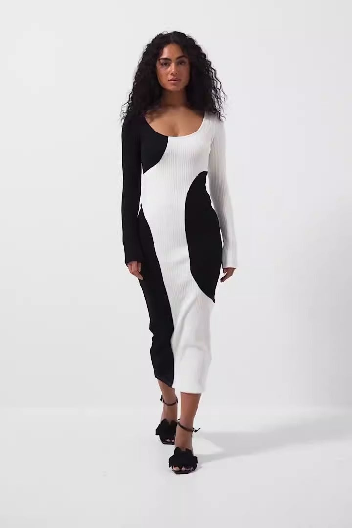 Black and white paired long sleeved dress