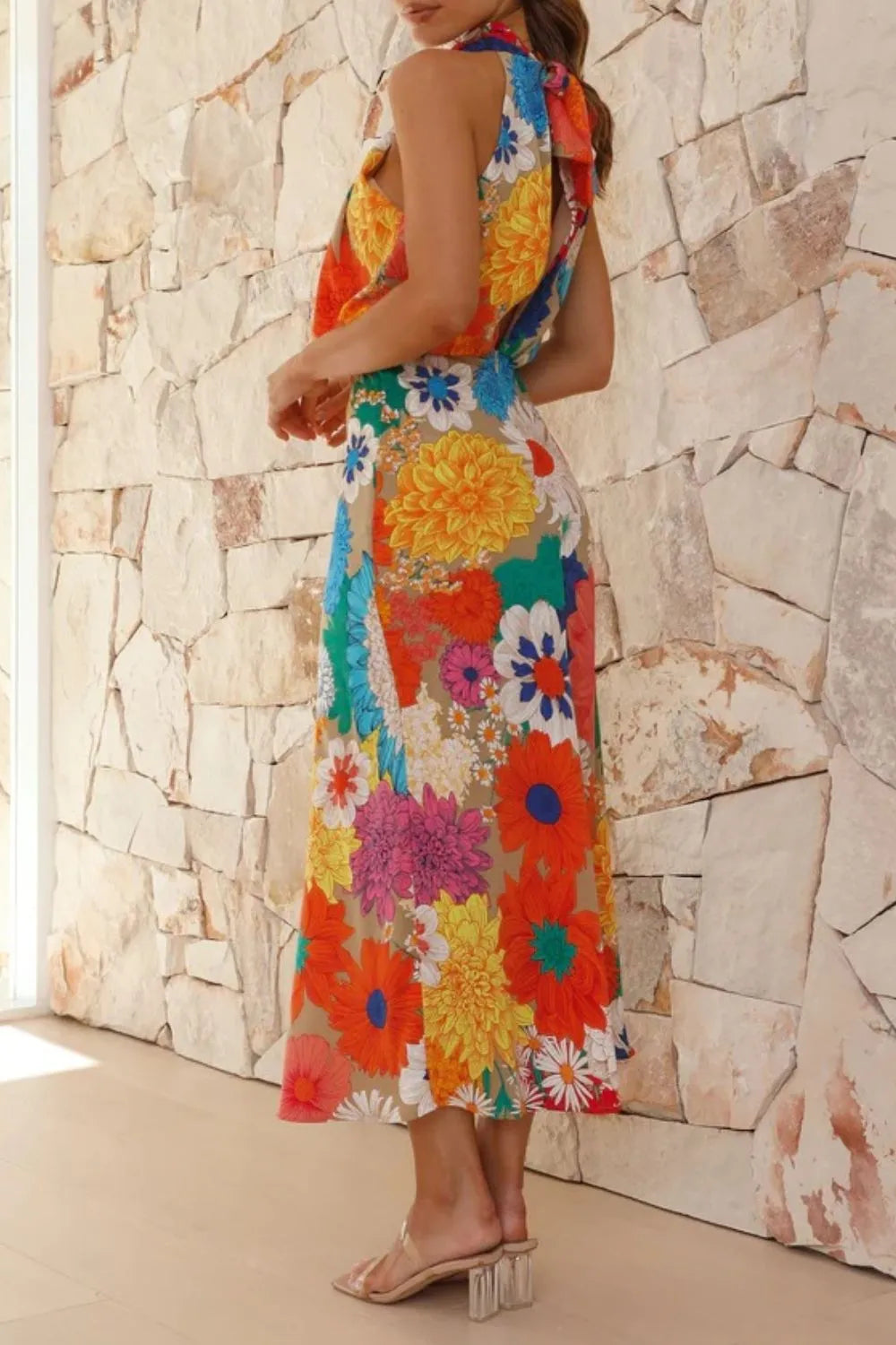 Floral Tied Back Sleeveless Midi Dress
