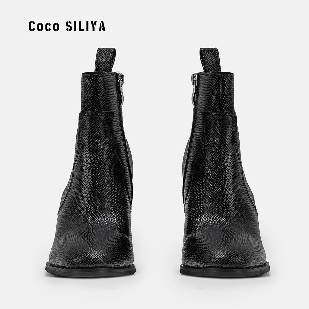 Large Size Short Boots British Style Martin Boots Thick With High Heel Pointed And Naked Boots Snakeskin Pattern