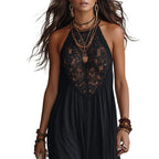 Style Black Lace Trim Sleeveless Long Dress Loose Vacation Style Maxi Dress Lace Dress