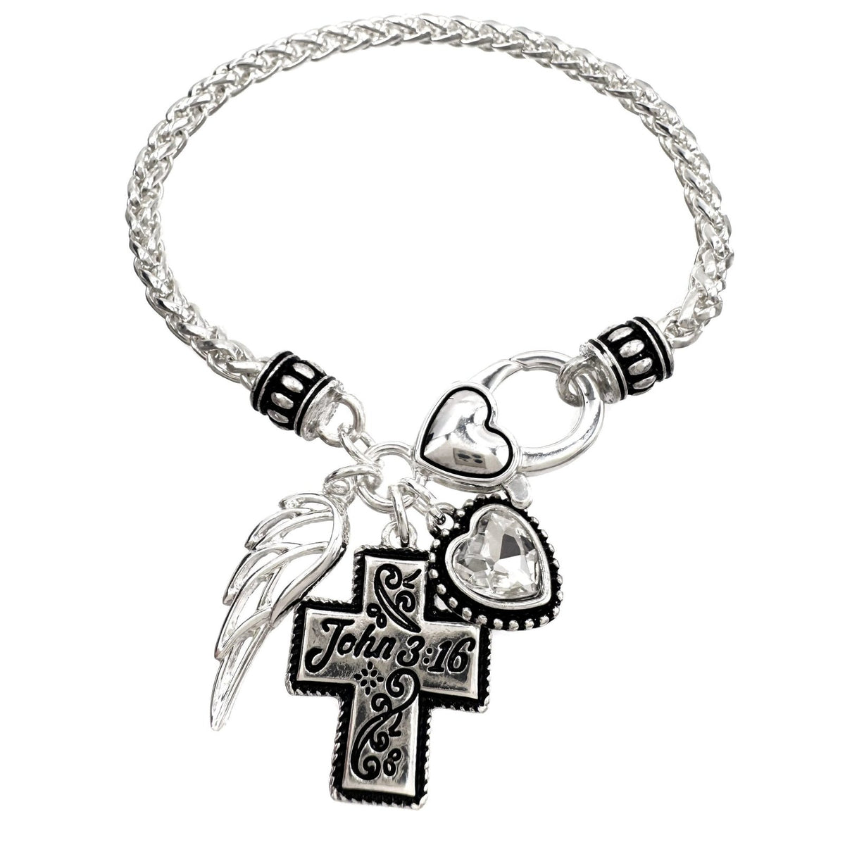 John 3:16 Silver Cross Angelic Heart Bracelet