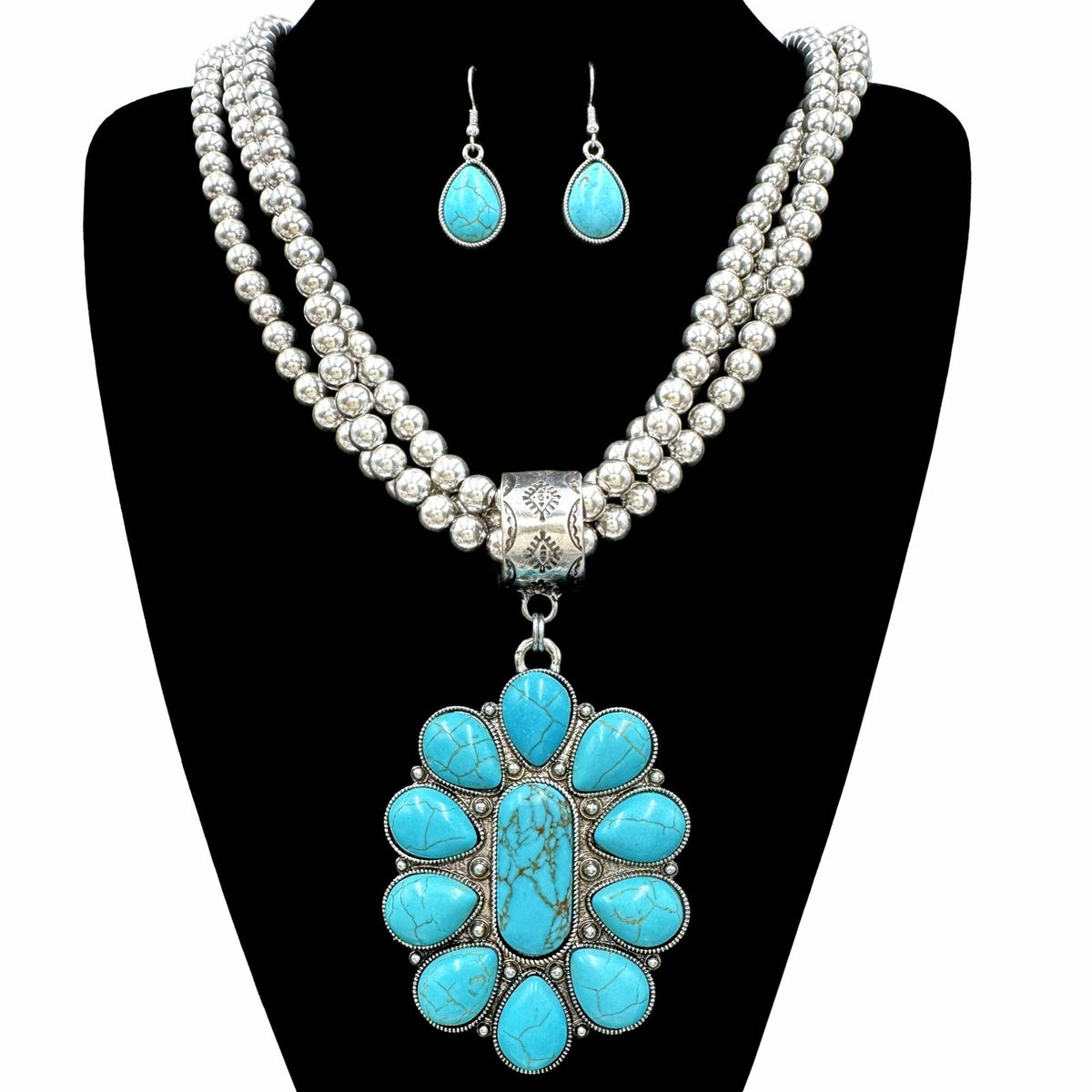 Large Turquoise Pendant Chunky Necklace Earrings Set