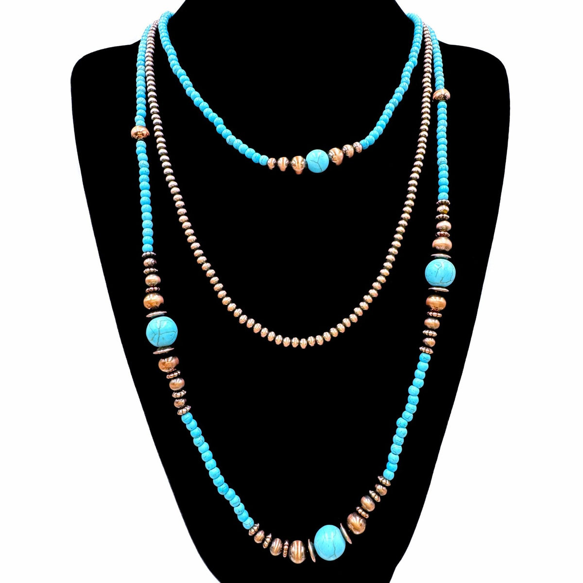 Three Strand Turquoise Stone Beads Navajo Long Necklace