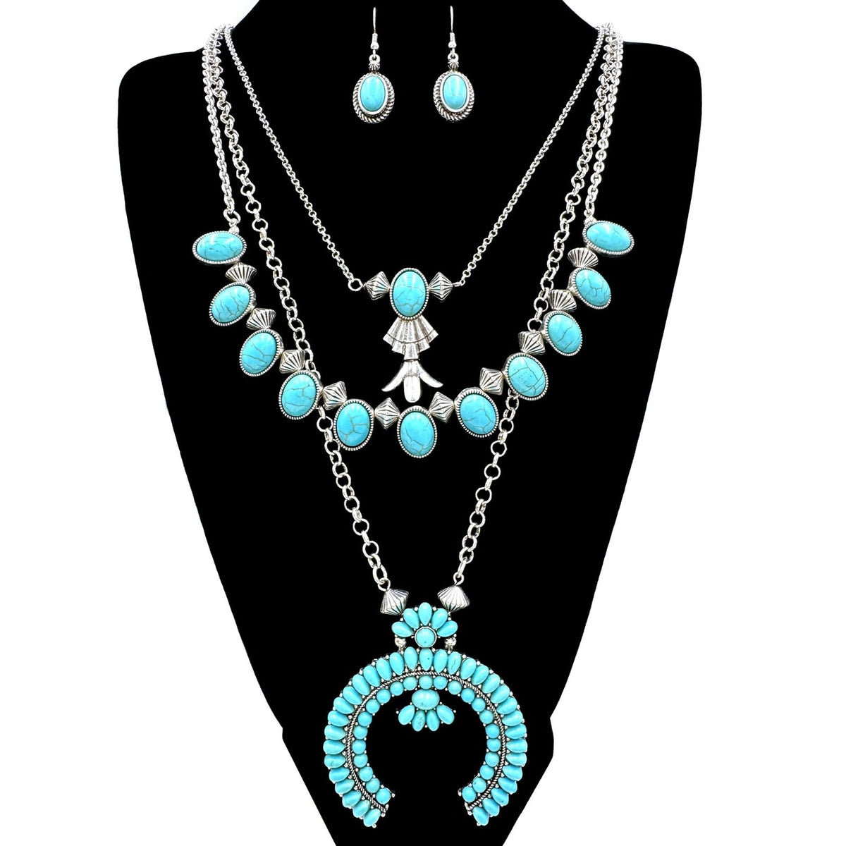 Squash Blossom Turquoise Stone Pendant 3 Piece Necklace