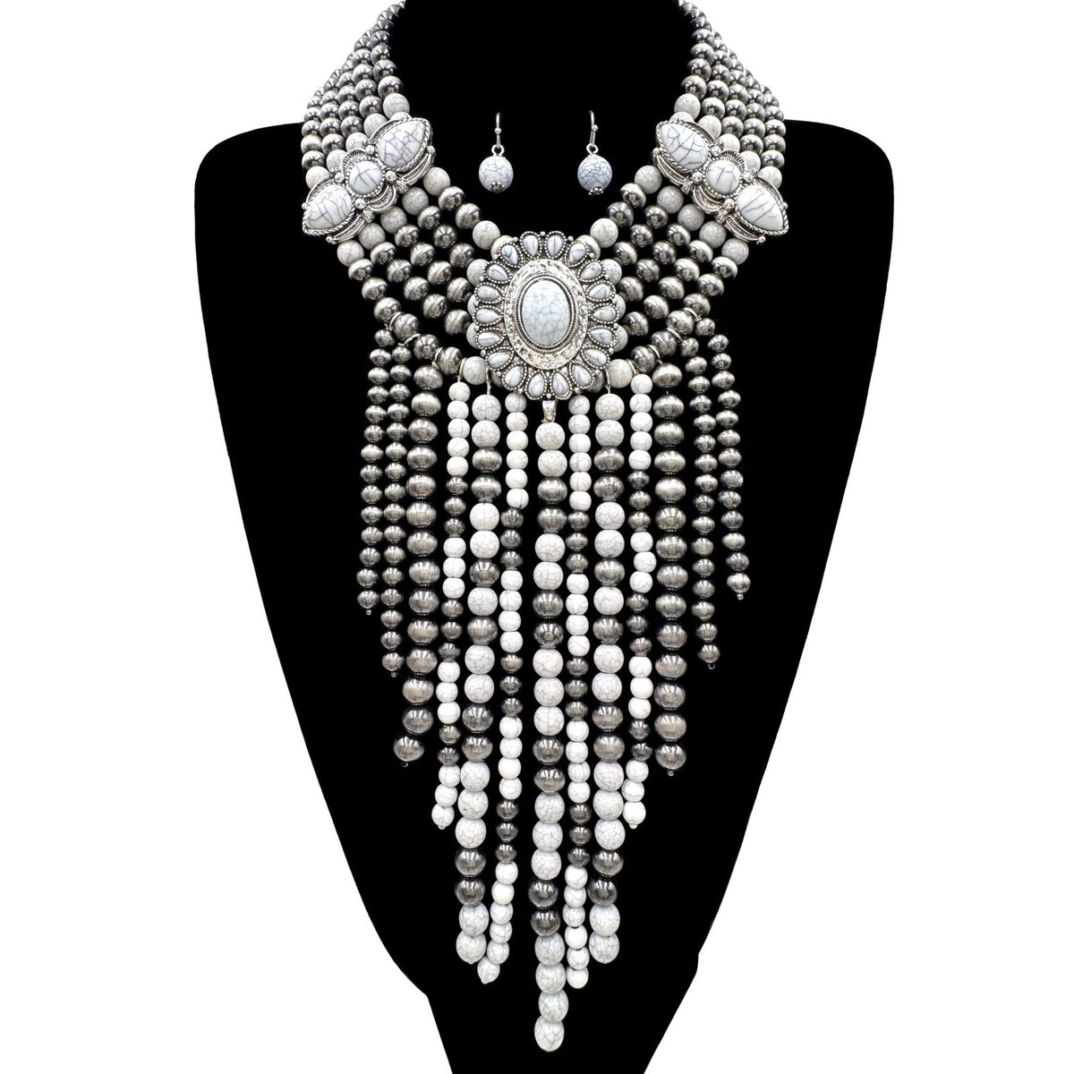 Western Fringe Navajo White Howlite Beads Statement Necklace