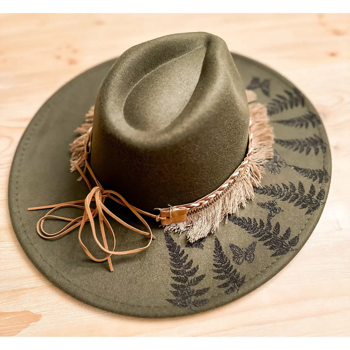 Western Burnt Felt Cowgirl Hat with Fern & Butterfly Design