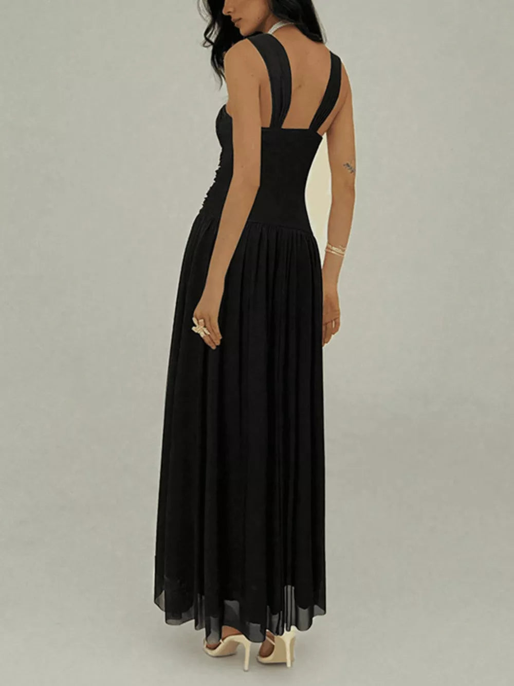 Ruched Sleeveless Maxi Dress with Embellishments