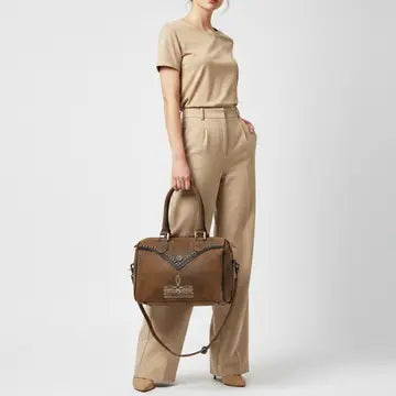 Brown Mesa Ridge western leather handbag featuring premium craftsmanship, decorative stitching, and spacious interior storage.