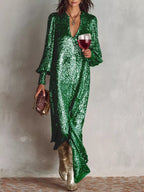 Sequin Notched Lantern Sleeve Maxi Dress