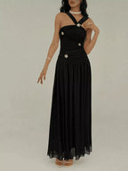 Ruched Sleeveless Maxi Dress with Embellishments