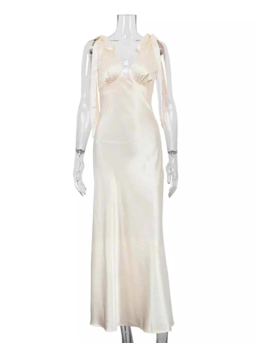 Satin Tie Shoulder Deep V-Neck Dress