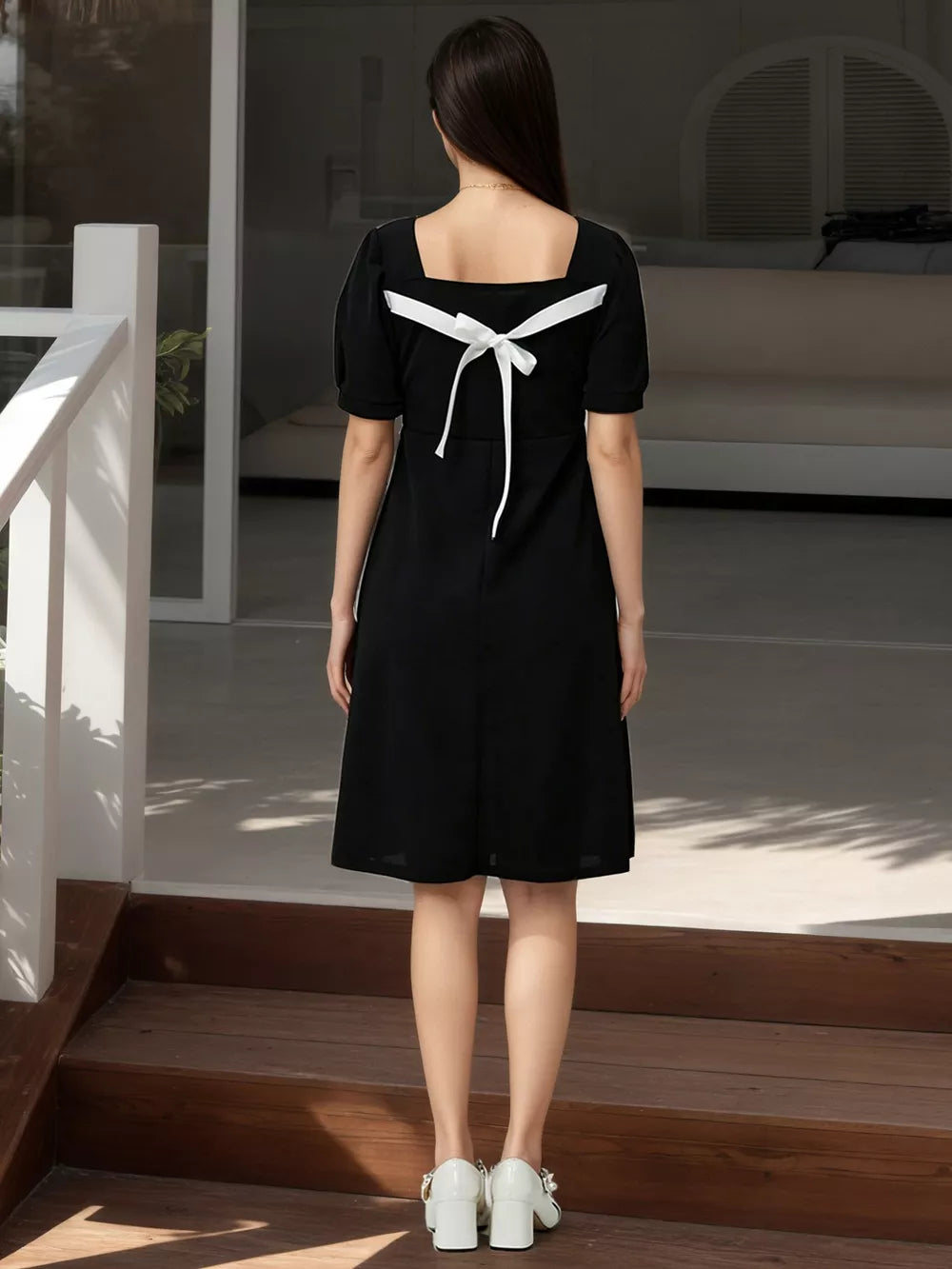 Puff Sleeve Bow Back Mini Dress