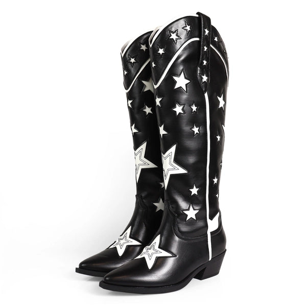 JINKO-1 Cowboy Mid Calf Western Star Embroidered Black