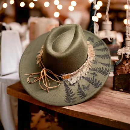 Western Burnt Felt Cowgirl Hat with Fern & Butterfly Design