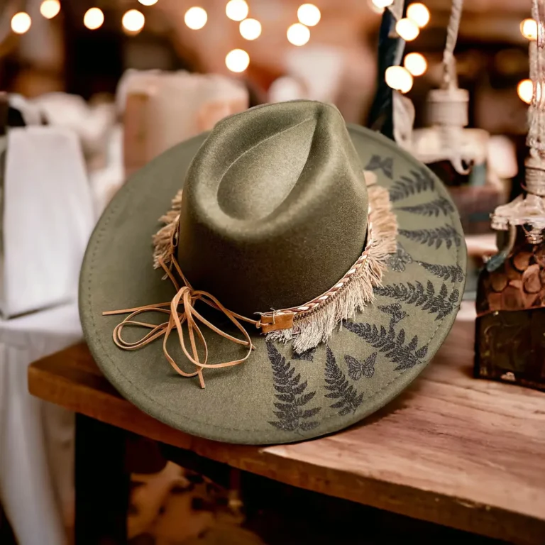 Western Burnt Felt Cowgirl Hat with Fern & Butterfly Design