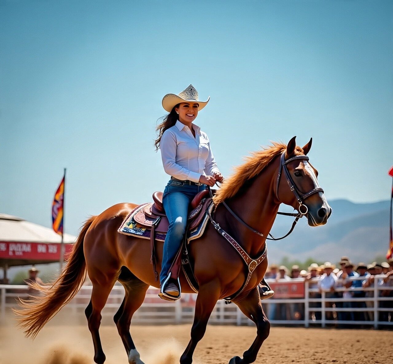 a rodoe queen riding horse wearing officialsartorai rodoe hat