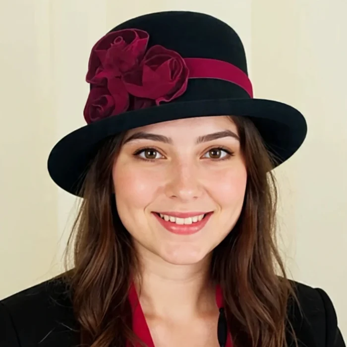 Elegant 1920s cloche hat for women with a soft bell-shaped design inspired by classic flapper-era winter fashion.