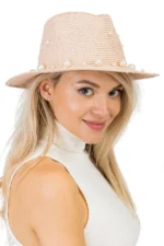 Elegant hat adorned with pearls, perfect for stylish occasions and everyday wear