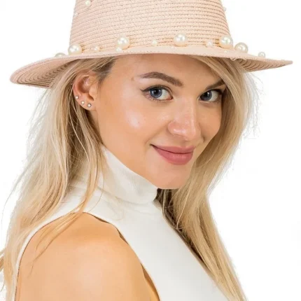 Elegant hat adorned with pearls, perfect for stylish occasions and everyday wear