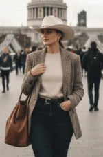 “Stylish woman in London wearing a brown cowboy hat with trench coat and boots”