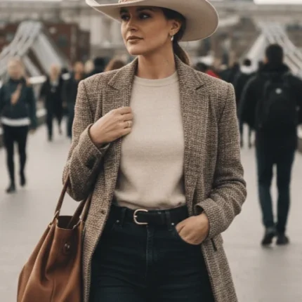 “Stylish woman in London wearing a brown cowboy hat with trench coat and boots”