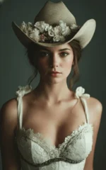 Stylish white bridal cowboy hat with curved brim and lace detail