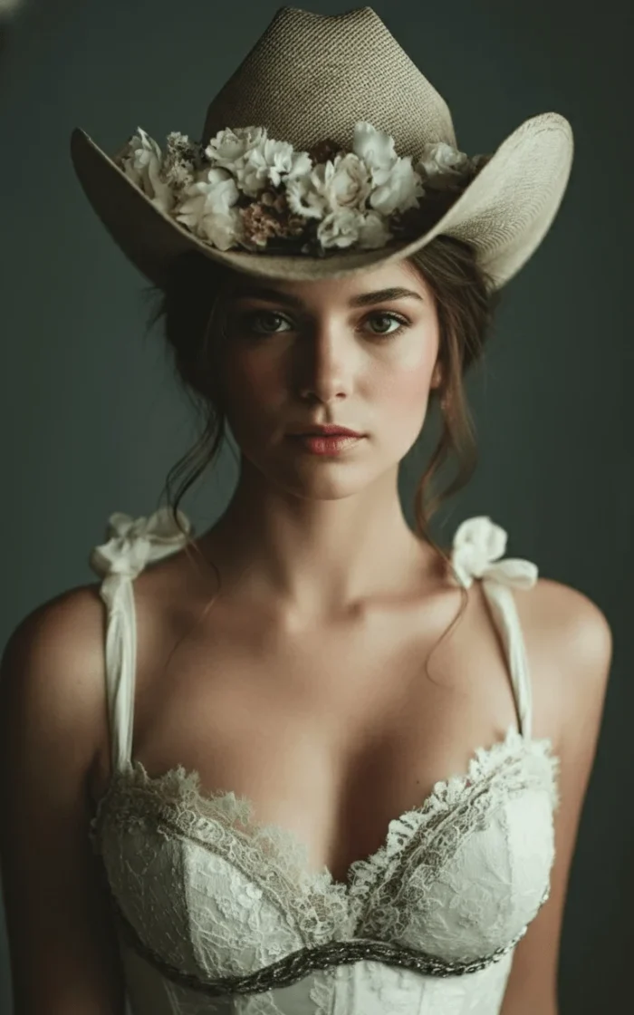 Stylish white bridal cowboy hat with curved brim and lace detail