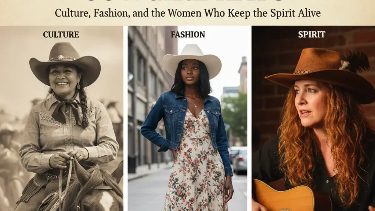 Cowgirl wearing a classic Western hat, blending traditional ranch style with modern fashion influence.