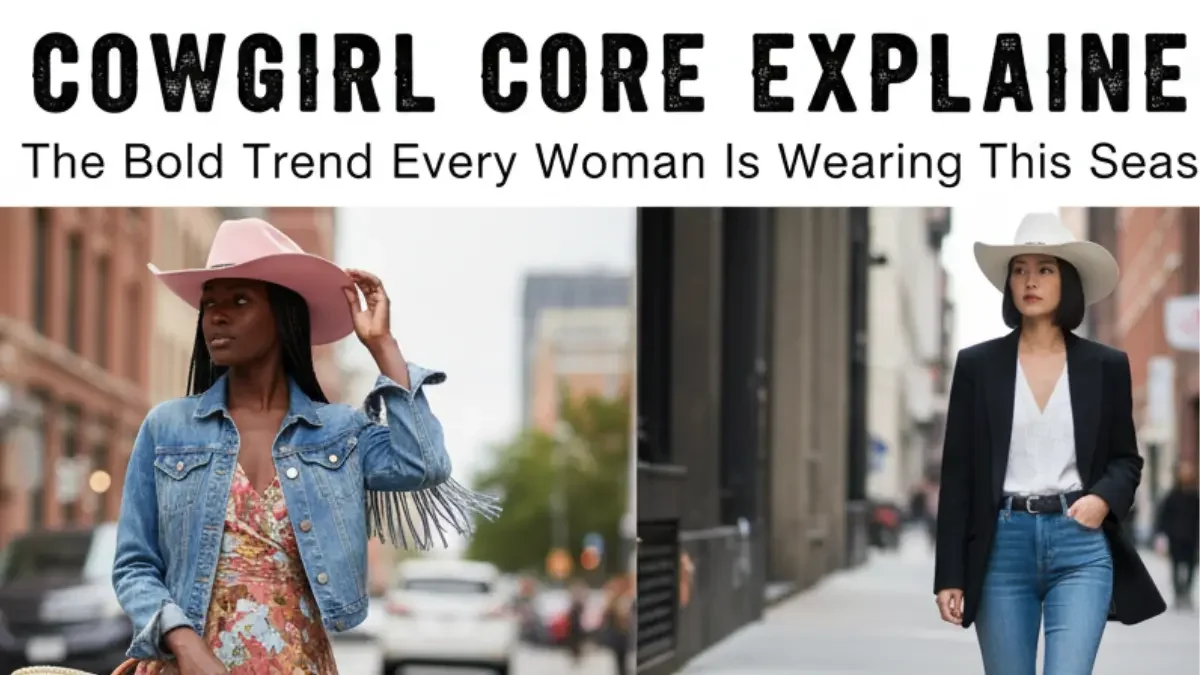 “A stylish cowgirl wearing a modern Western-inspired outfit with a classic hat, showcasing the Cowgirl Core fashion trend.”