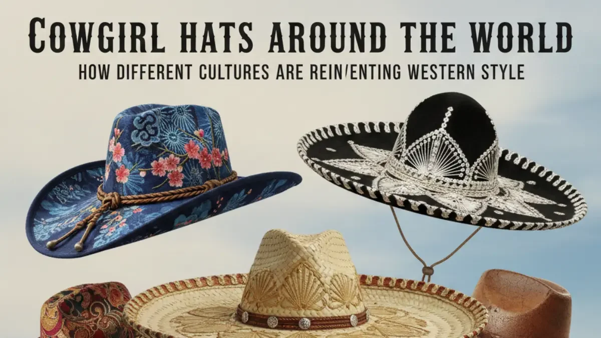 “Women from different cultures wearing modern cowgirl hats styled with global fashion influences.”
