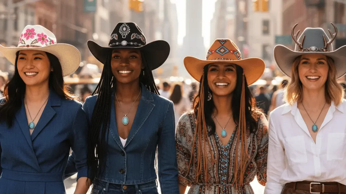 “Stylish cowgirl hat in modern rodeo queen hat shape worn by a woman on city streets”
