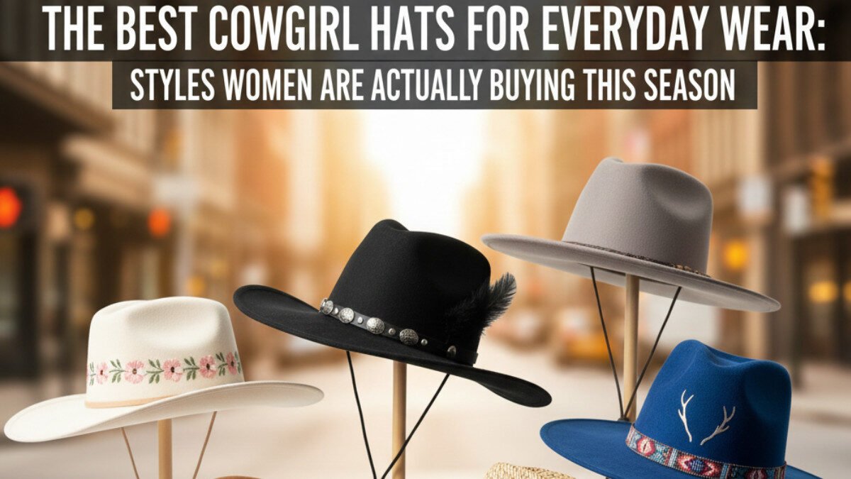 “Trendy cowgirl hat worn by a woman for everyday fashion in 2026, styled with denim and boots”