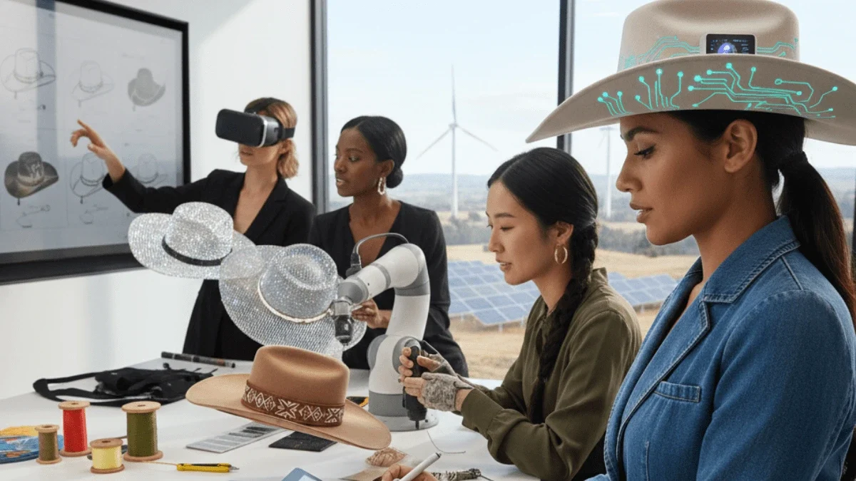 “Modern women wearing advanced felt cowboy hats blending technology with traditional Western design”