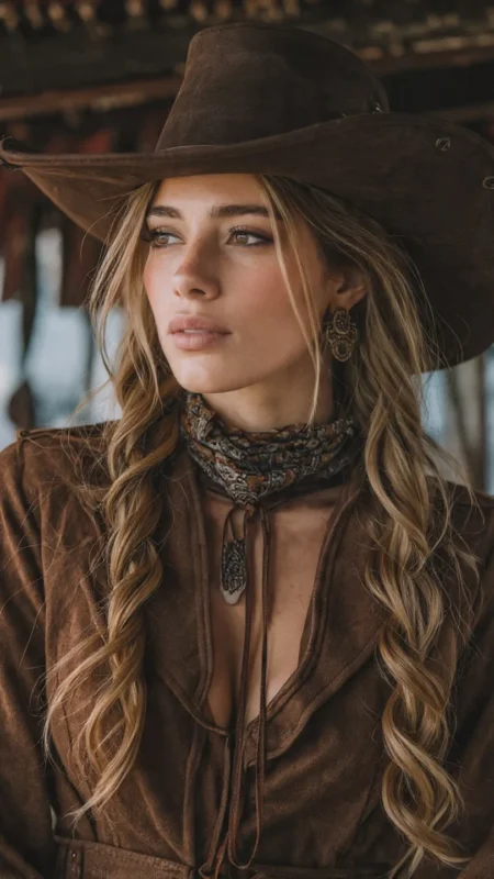 “Stylish suede cowboy hat on a woman with a casual Western outfit”