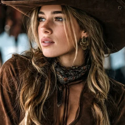 “Woman wearing a suede cowboy hat styled with denim and boots”